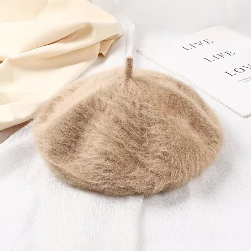 قبعة رسام نسائية للخريف والشتاء محبوكة على شكل أرنب من القطيفة بلون سادة كوري ياباني بريطاني عتيق على الطراز العصري