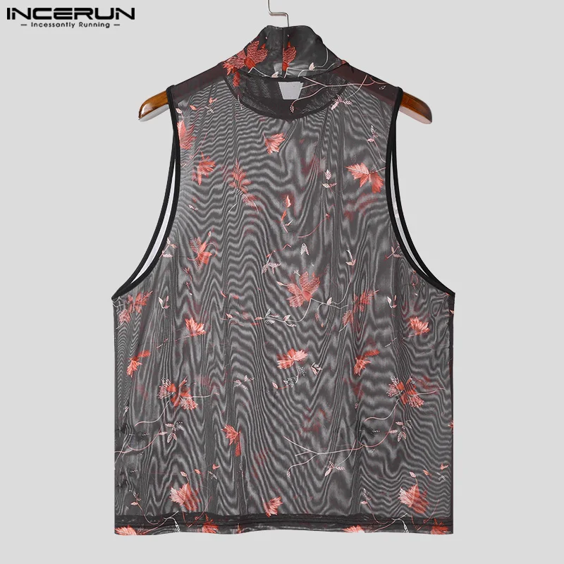 INCERUN Tops 2024 American Style New Men\'s Mesh Floral Perspective Design Vests Fashion Sexy Semi High Neck Thin Tank Tops S-5XL