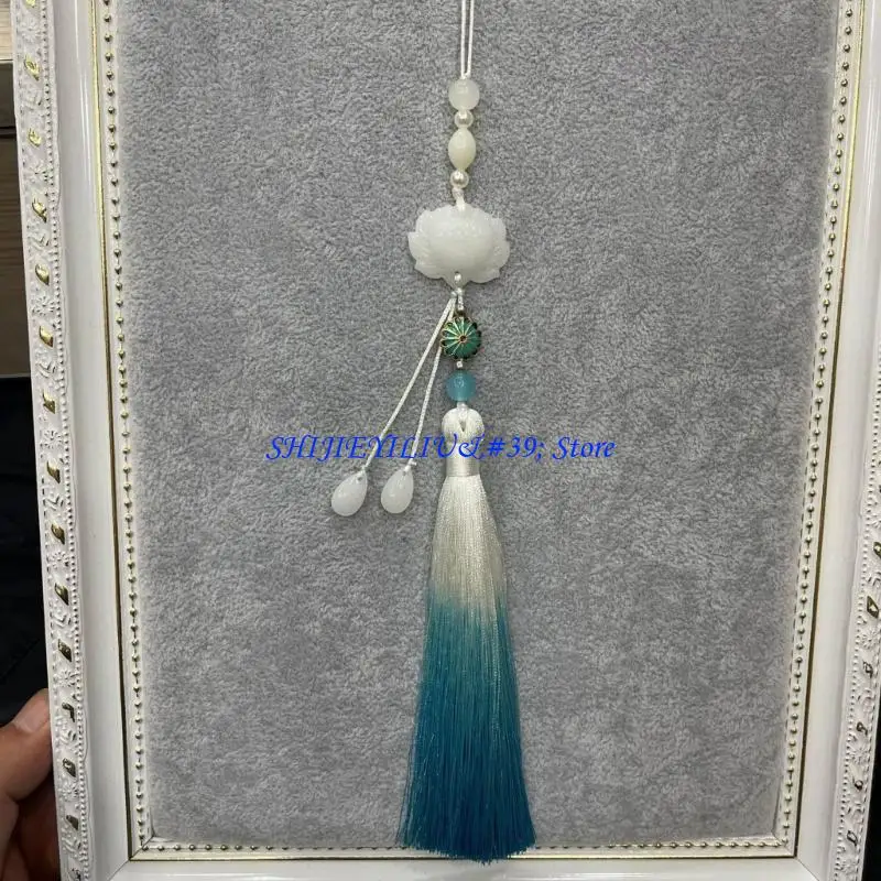 

E21F Chinese Hanfu Hangings Rope Tassels Waist Chain Imitation Lotuses Jade Pendant