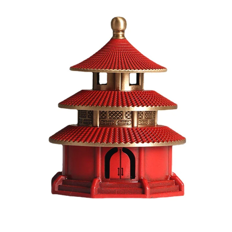 Red Incense Burner Brass Made Temple of Heaven Incense Burner Holder Brass Painted Handicraft Home Decoration Ornaments