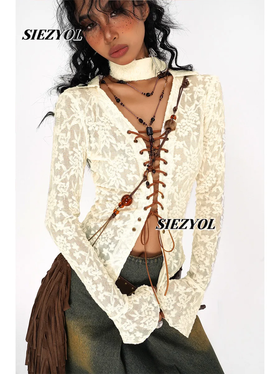 Vintage Lace Horn Long Sleeve Shirt Women's Spring and Autumn Sweet Drawstring Lace-Up Design Spice Girl Inner Bottom Top