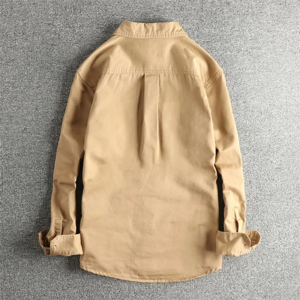 سترة قميص رجالية عصرية للربيع والخريف متعددة الاستخدامات مصنوعة من القماش المنسوج، قميص Amei Kaki القديم بأكمام طويلة