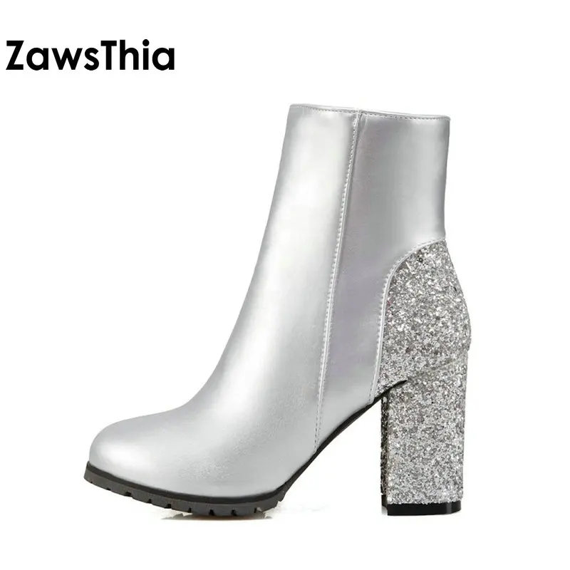 ZawsThia موضة الشتاء الذهبي الفضي الأحمر بلينغ بريق الأحذية كتلة عالية الكعب امرأة حذاء من الجلد الدافئة أفخم النساء الأحذية حجم 48