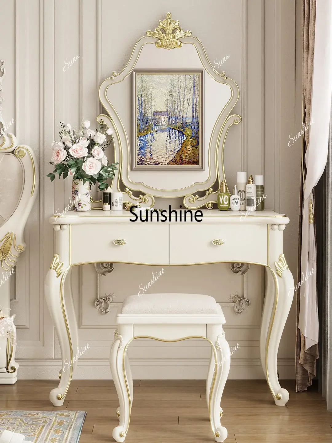 French light luxury dresser with lamp mirror modern simple bedroom makeup table cabinet