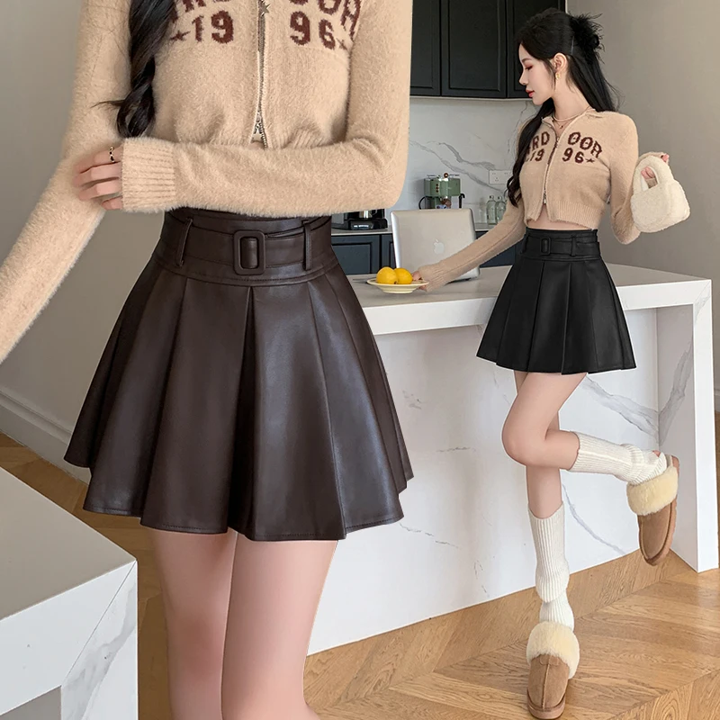 

PU Leather High Waisted Pleated Short Skirt for Women in Autumn and Winter Slim Temperament Skirts Female