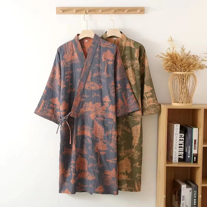 

Spring Autumn Men's Kimono Nightgown 100% Cotton Jacquard Bathrobe Large Size Cotton Sweat Steam Hot Spring Clothes