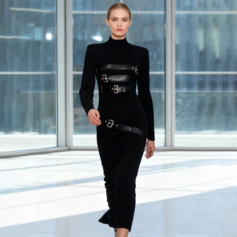 

2026 Spring Sexy Flirty Party Knit Maxi Dress Belted Stand Collar Leather-Panel Split-Hem Bodycon Dress for Women