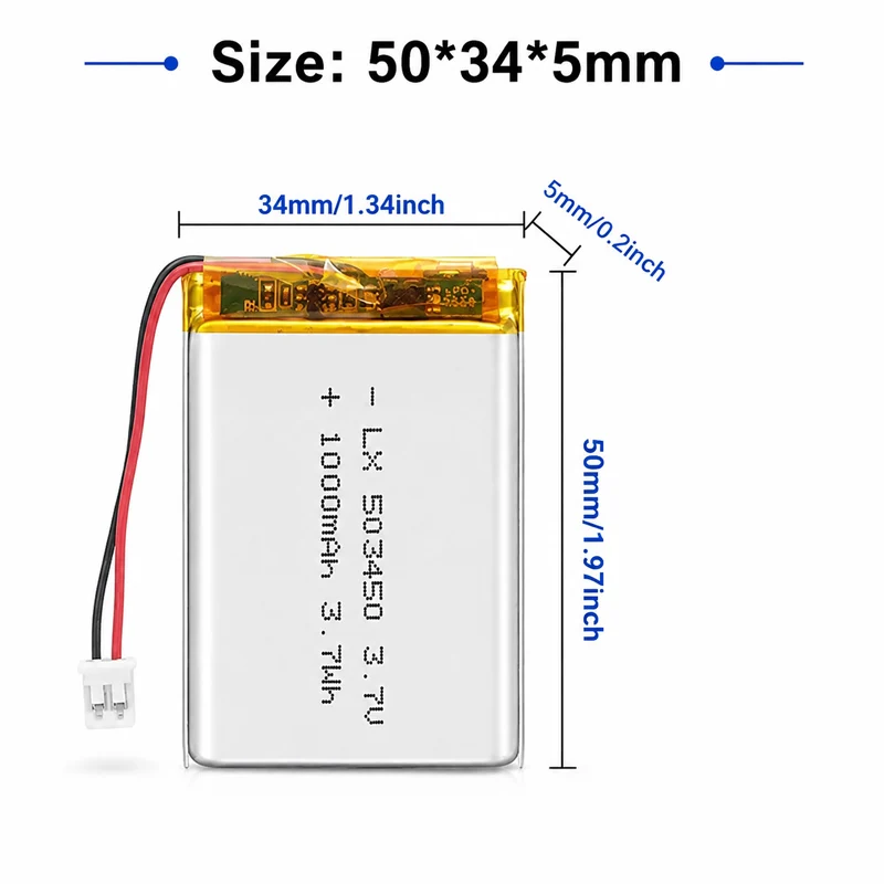 523450/503450 1000mAh 3.7V Akumulator Li-ion z wtyczką PH 2.0mm 2-pin do aparatu, nawigatora GPS, MP5, PS4, 100% rzeczywista pojemność — zdjęcie produktu 2