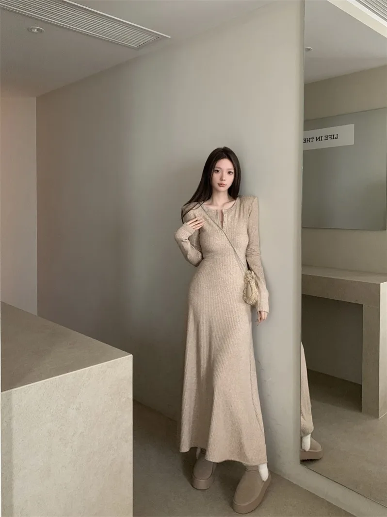 

Женское весеннее платье Kumikumi Gentle Wind с полуоткрытым воротником на пуговицах, длинным рукавом, приталенное, универсальное, длинное