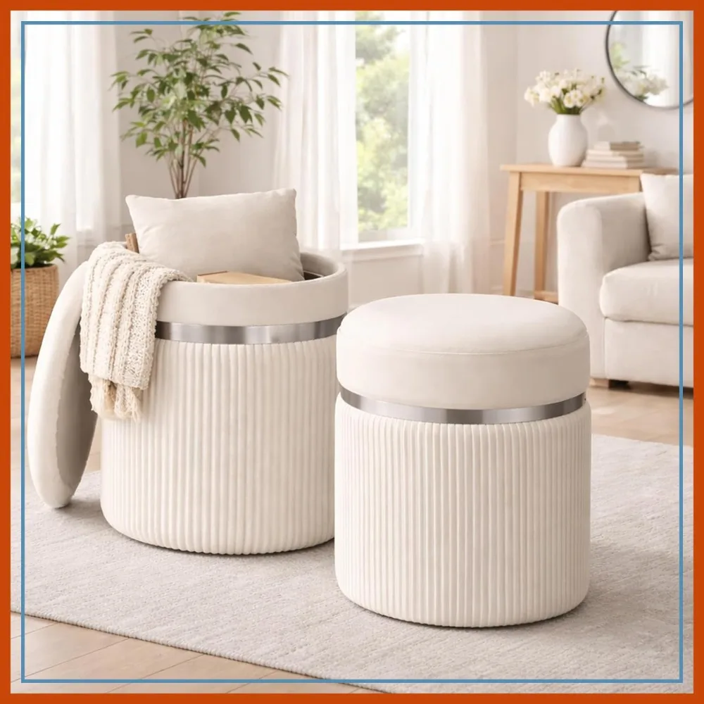 

Set of 2 Round Velvet Storage Ottomans - White Vanity Stool & Footrest for Living Room, Bedroom Makeup Area with Hidden Storage