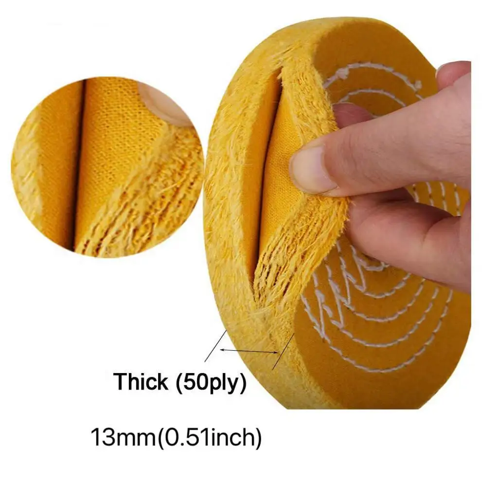 3-14 Inch Yellow Cotton Buffing Wheel 12mm Bore 13mm Thick Mirror Polish for Jewelry Stainless Steel Aluminum Jade Wood & Metal