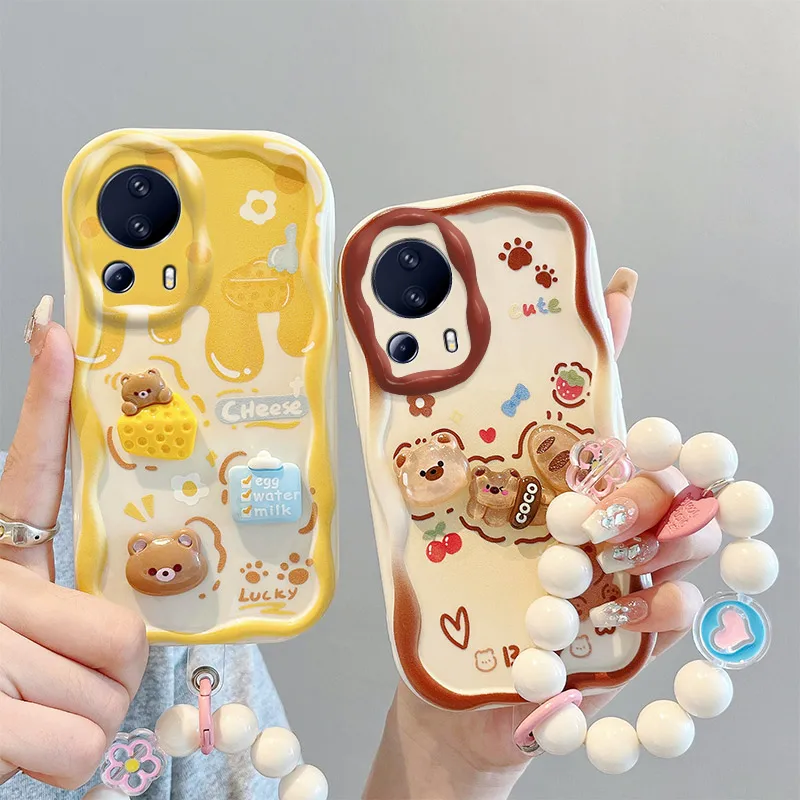 For Xiaomi Mi 13 11i 10T Lite Civi2 Poco C65 C61 Redmi A1 A2 A3x Phone Case 3D Cartoon Cream Bear Wristband Chain Soft Toy Cover