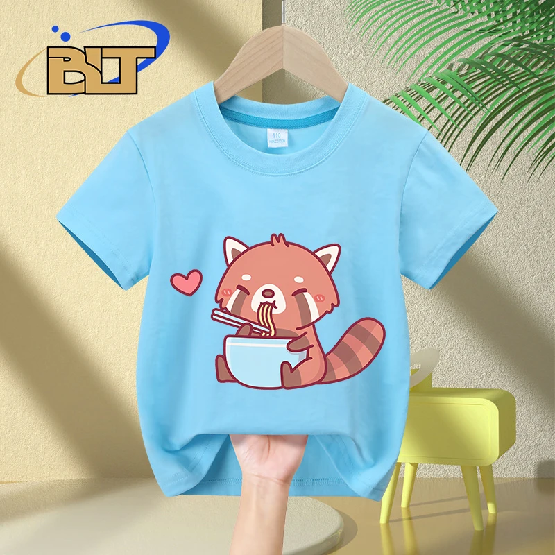 

Cute Little Red Panda Eating Ramen printed kids T-shirt summer pure cotton short-sleeved casual tops for boys and girls