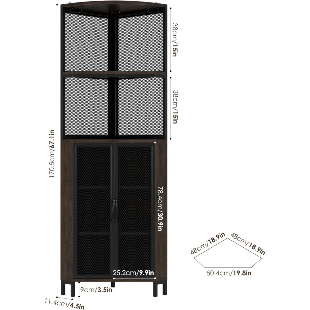 Armoire de bar d'angle haut de 67 po, porte-verre pour bar à vin industriel, étagères réglables françaises ou à 6 niveaux, présentoir d'angle