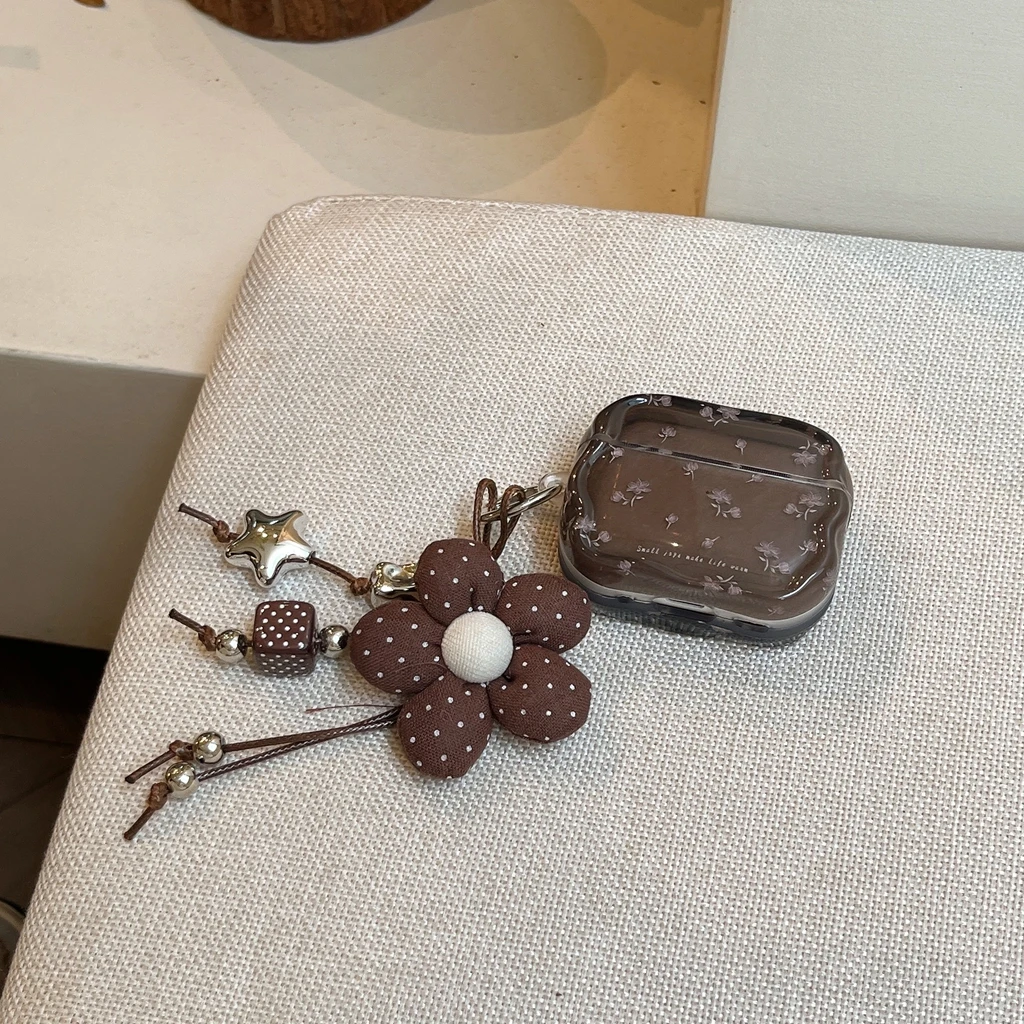 Vintage Brown Base Floral Wavy Edge Fabric  Polka Dot Flower Pendant Earphone Cover Case for AirPods 1 or 2 3 4 5 Pro 2 Pro 3 - view 3