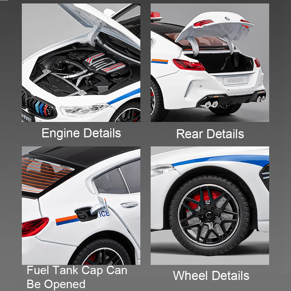 1:24 m8 carro de polícia modelo de brinquedo liga diecast portas abertas luz música puxar para trás modelos de veículos presentes de aniversário para crianças