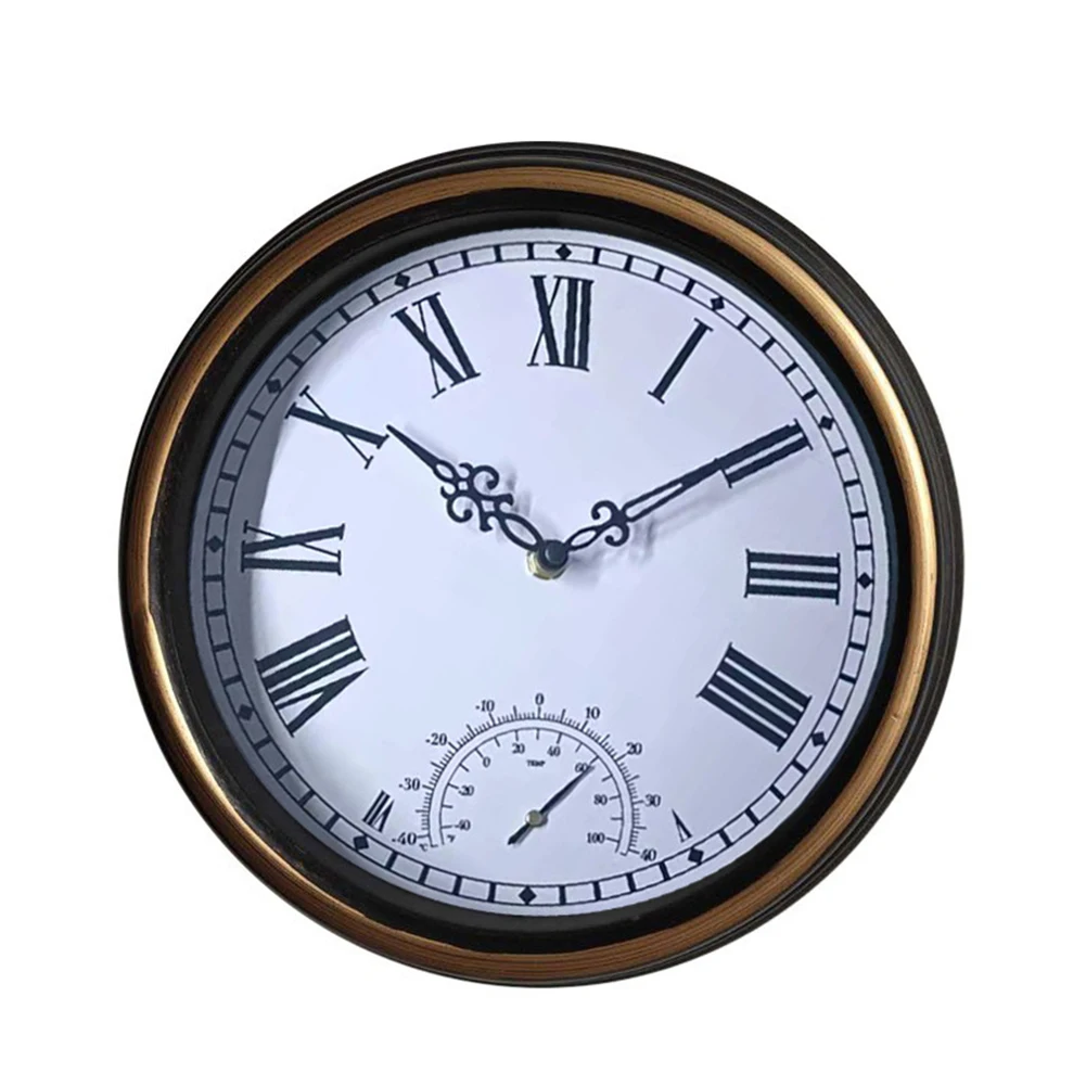 12 Inch Retro Style Waterproof Wall Clock with Thermometer Silent Battery Operated Suitable for Indoor Outdoor