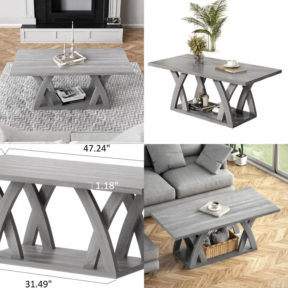 

Серый деревянный журнальный столик в фермерском доме с полкой для гостиной, открытая зона витрины 47