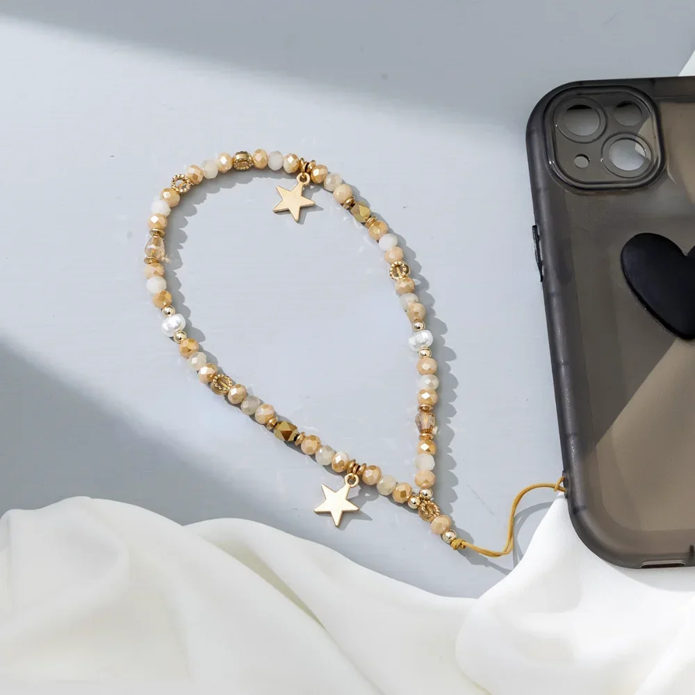 Acrylic Mobile Phone Chain Five-Pointed Star Pendant Beaded Telephone Lanyard Cellphone Hanging Rope for Women Key Chains