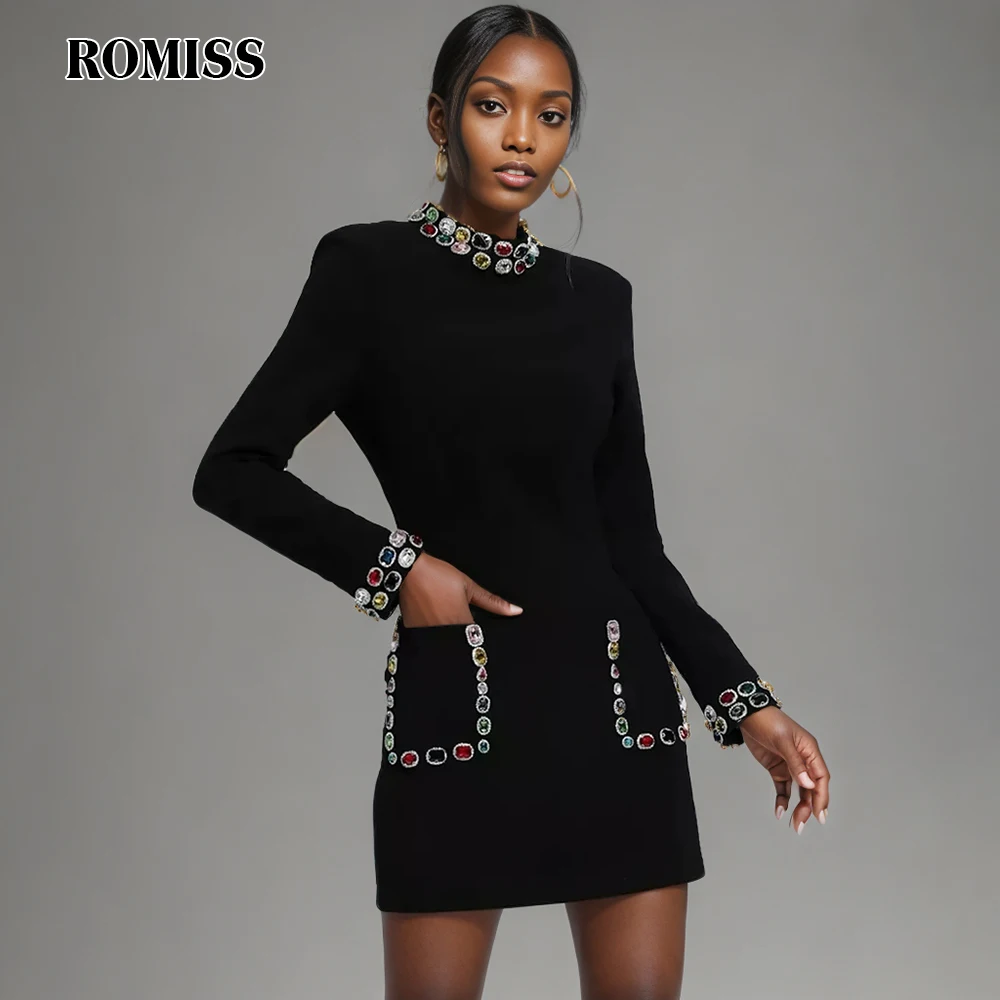 

ROMISS Hit Color Korean Dresses For Women Stand Collat Long Sleeve Patchwork Diamonds Slimming A Line Spring Mini Dress Female