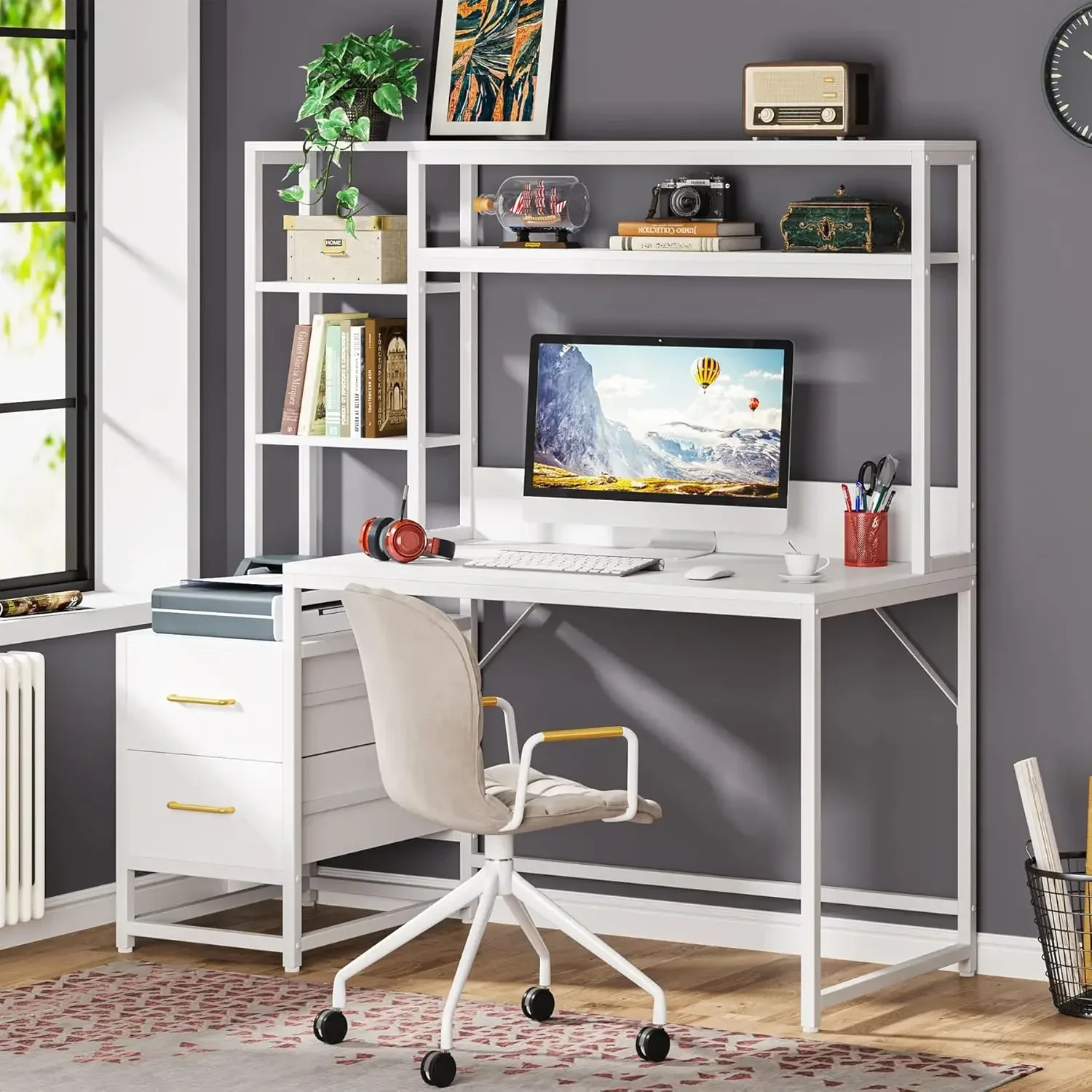 

55 Inch Computer Desk with 2 Drawers and Storage Shelves, Wihite Office Desk with Hutch, Modern Study Writing