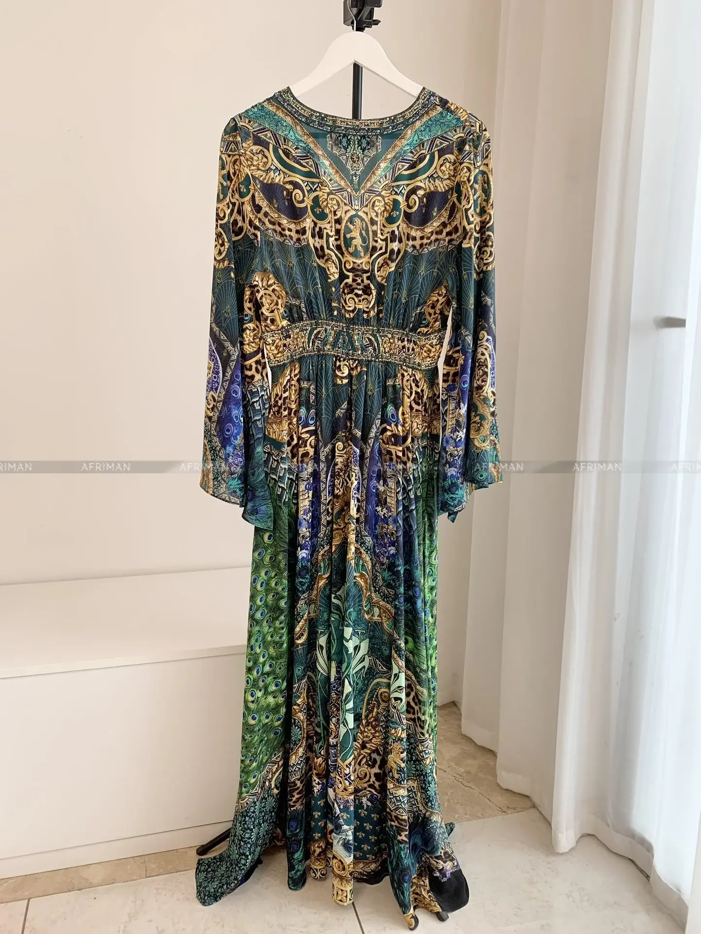 Women V Neck Crystal Beaded Flare Long Sleeve Retro Green Peacock Flower Print 100% Silk Maxi Long Dress