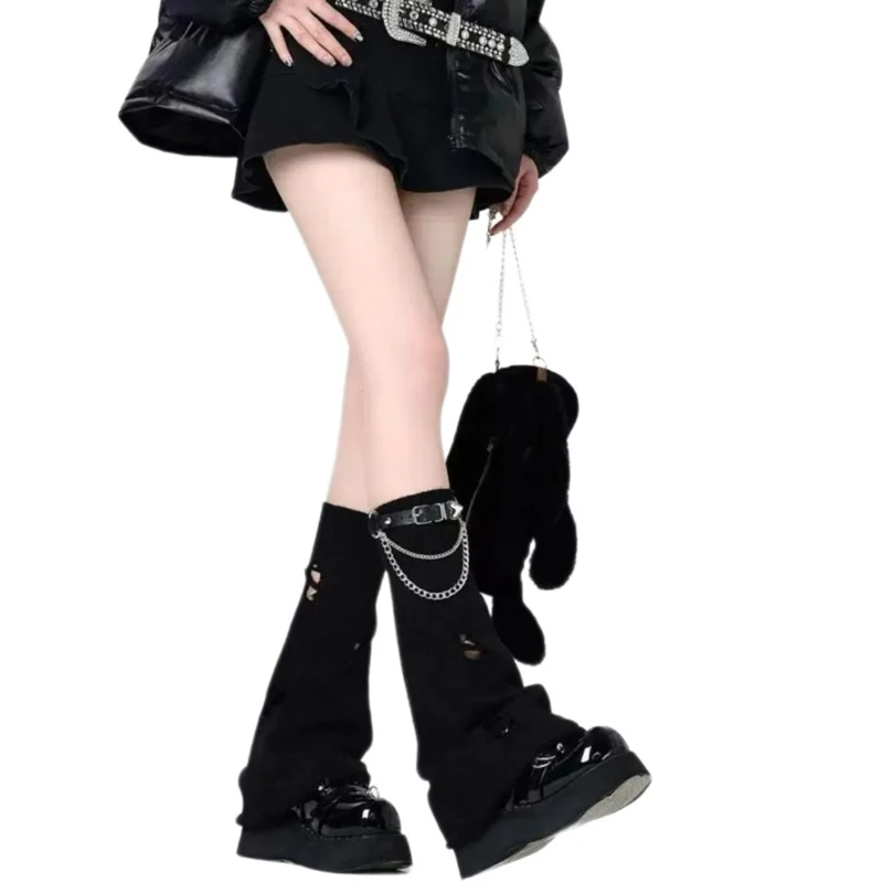 SZL Nữ Dệt Kim Bao Tay Chân Có Dây Xích Dây Da Gothic Punk Xé Boot Bao