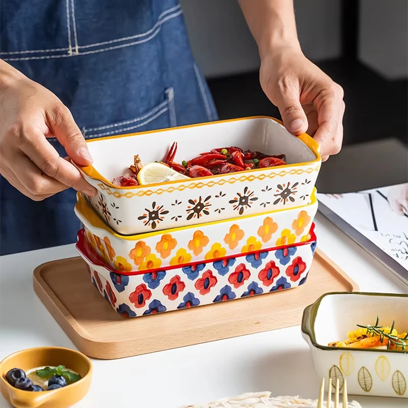 

Flowers Rectangular Oval Bakeware Pan With Handle Ceramic Baking Dish Roasting Lasagna Pan Kitchen Salad Cheese Baked Pan