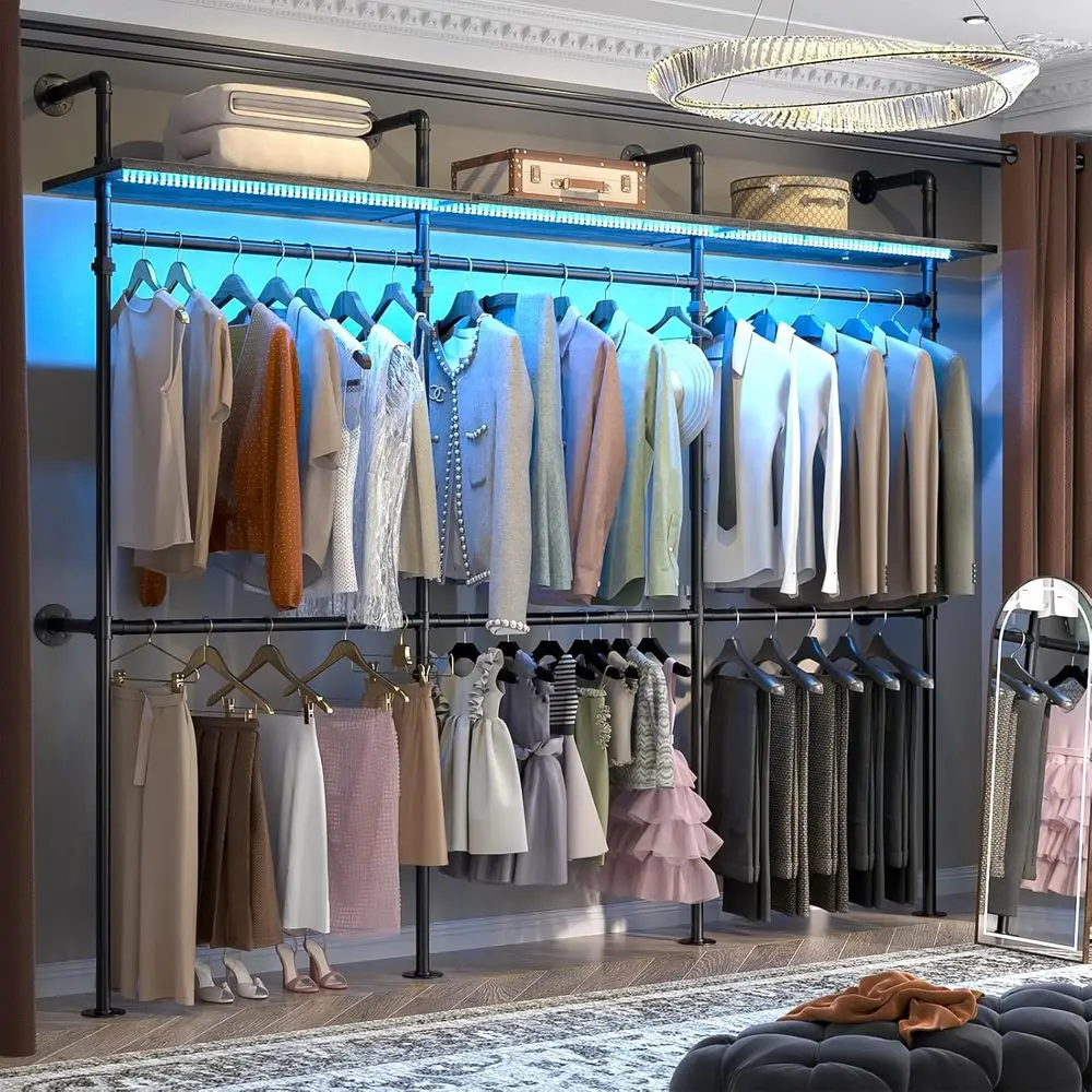 

Heavy-Duty Reversible 118.3 Garment Rack with LED Lights and Shelves, Walk-in Closet Organizer, Black Oak Finish