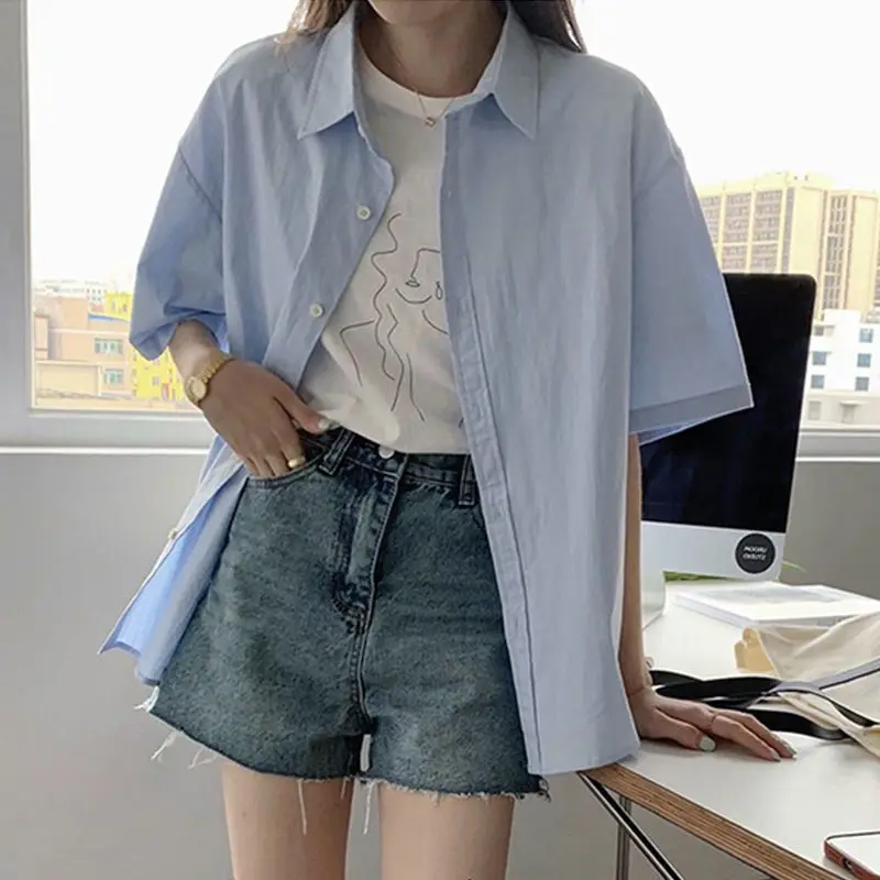 

White Short-sleeved Shirt for Women in Spring Summer New Korean Version Retro Versatile Ins Style Loose Slimming Shirt TopYY171