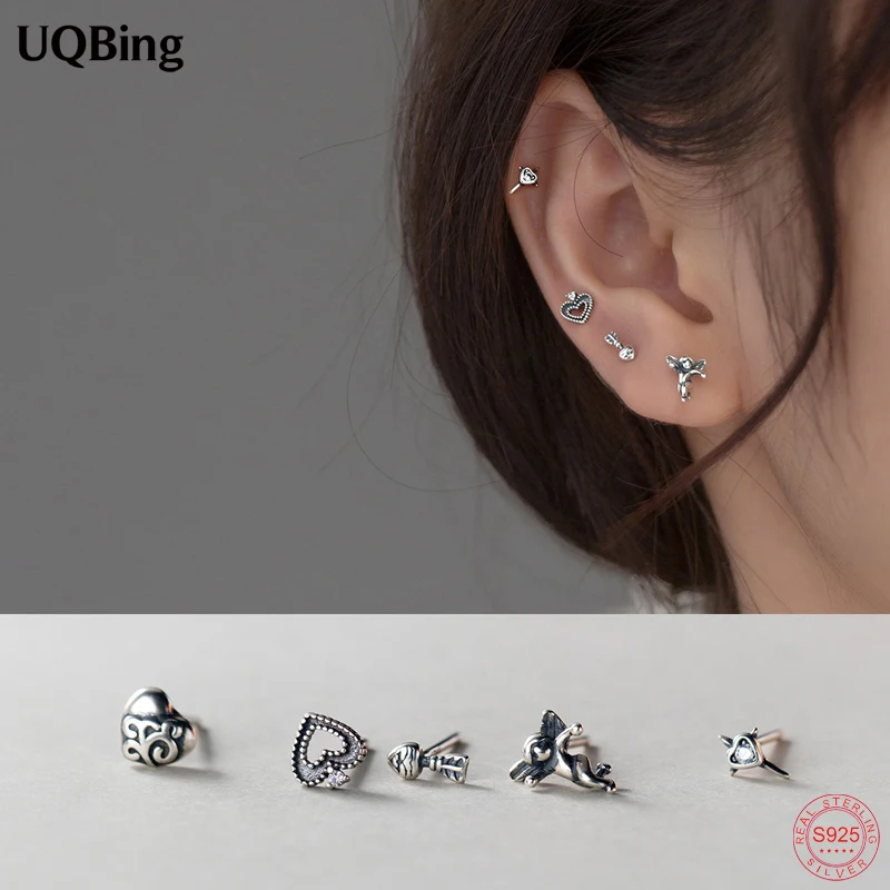 Vintage Small Thai Silver Little Angel Love Stud Earrings Retro European and American Style Earrings For Girls Party Gifts