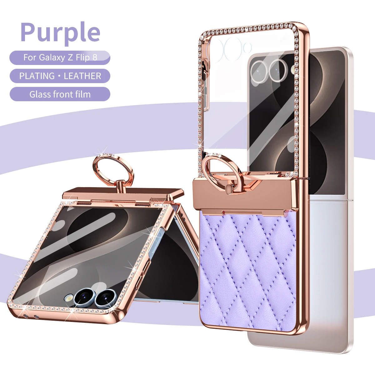 Luxury Bling PU Leather Phone Case with Front Film Glass For Samsung Galaxy Z Flip 8 7 Hinge Ring Holder Stand Shockproof Cover