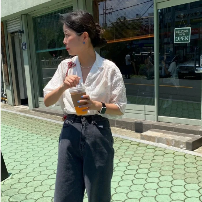 2026 Summer New Fashion Versatile Embroidered Shirt Women's Top Match All Styles Short Sleeve Turn-down Collar Button Closure