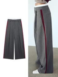 TRAF 2024 Autumn Women Wide Leg Pants Vintage Stripe Print Decoration Red Side Splicing Female Pants Temperament Causal Pants