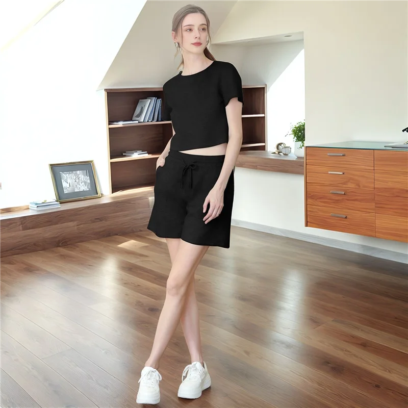 AOAO комплекты из 2 предметов для женщин, летние одинаковые шорты с круглым вырезом, комплект для отдыха с карманами, повседневная одежда для путешествий, модная одежда