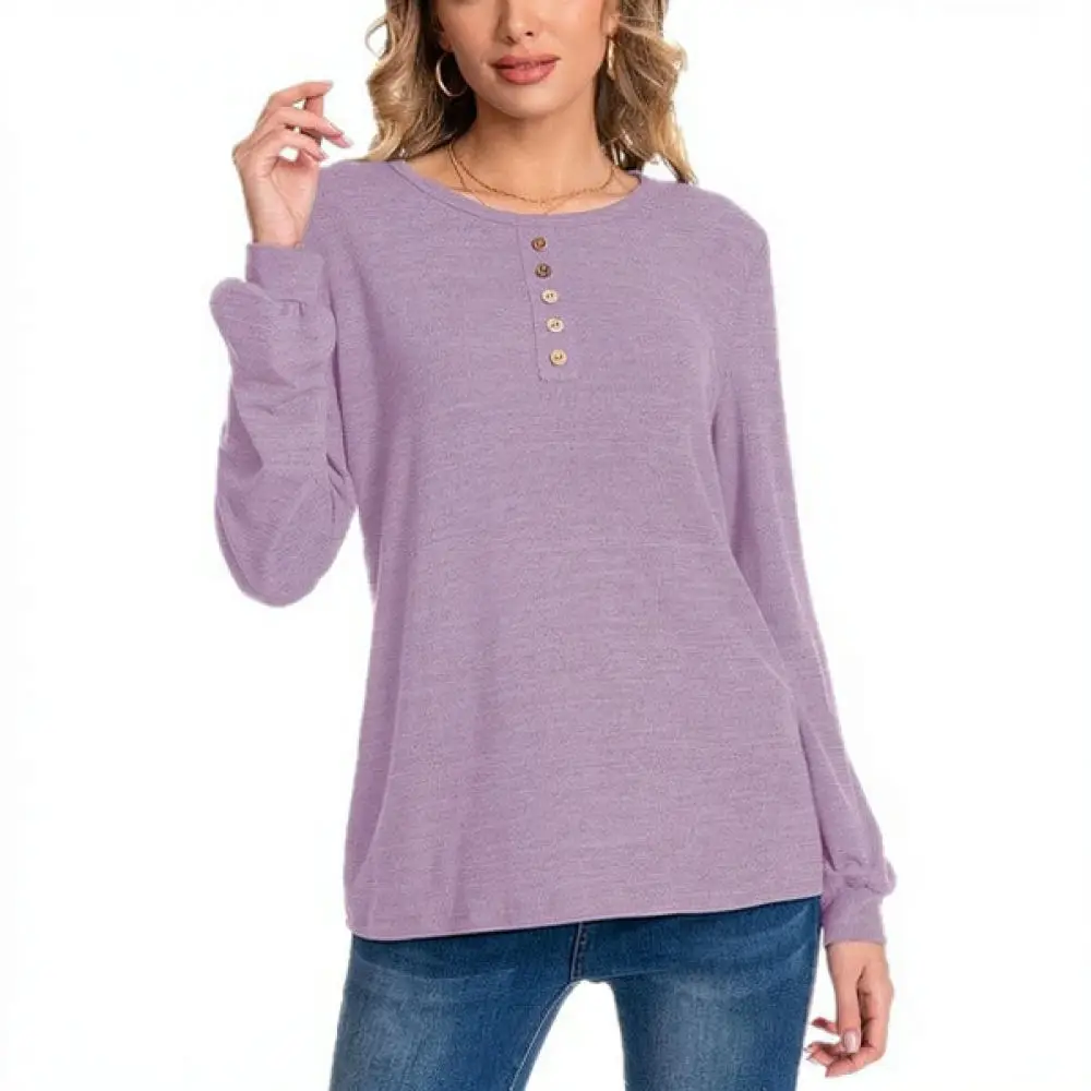 Womens Casual Knitted Pullover Long Sleeve O Neck Button Decor Solid Color Loose Fit Autumn Winter Street Style Fashion Tops