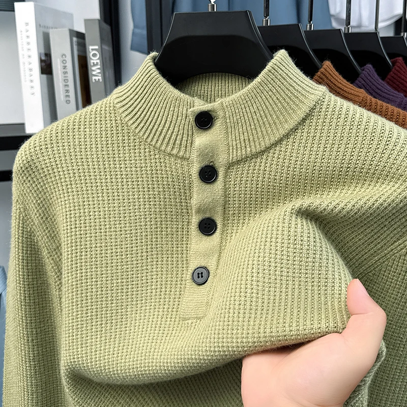 

Luxury fashion button decoration knitted sweater pullover premium solid color autumn winter comfort warm semi high neck men wear