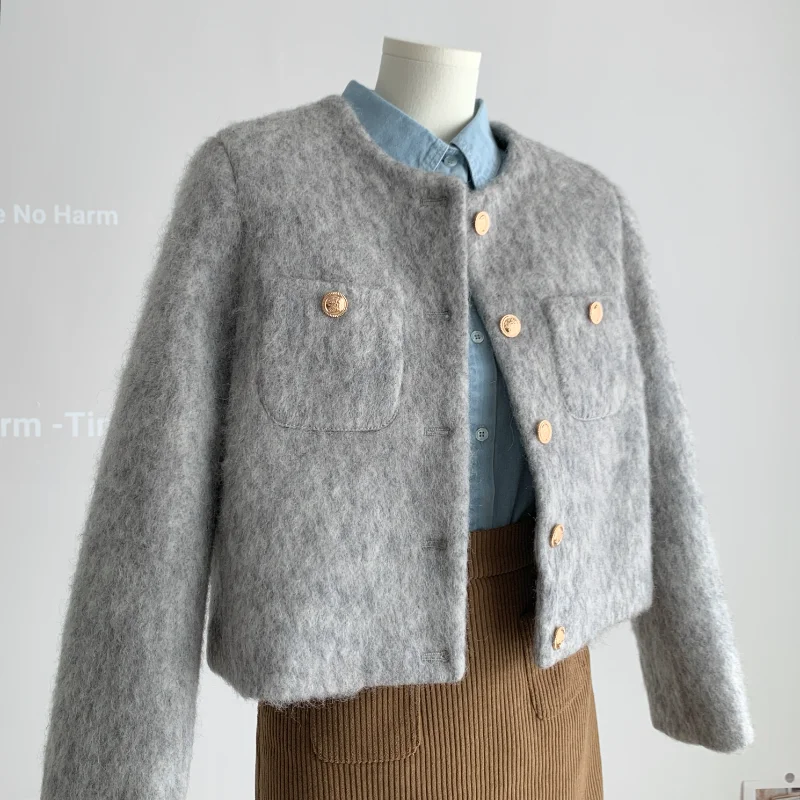 Autunno inverno grigio lana trapuntata giacca donna semplice Casual sciolto Basic corea elegante Chic piccola fragranza ufficio signora cappotto