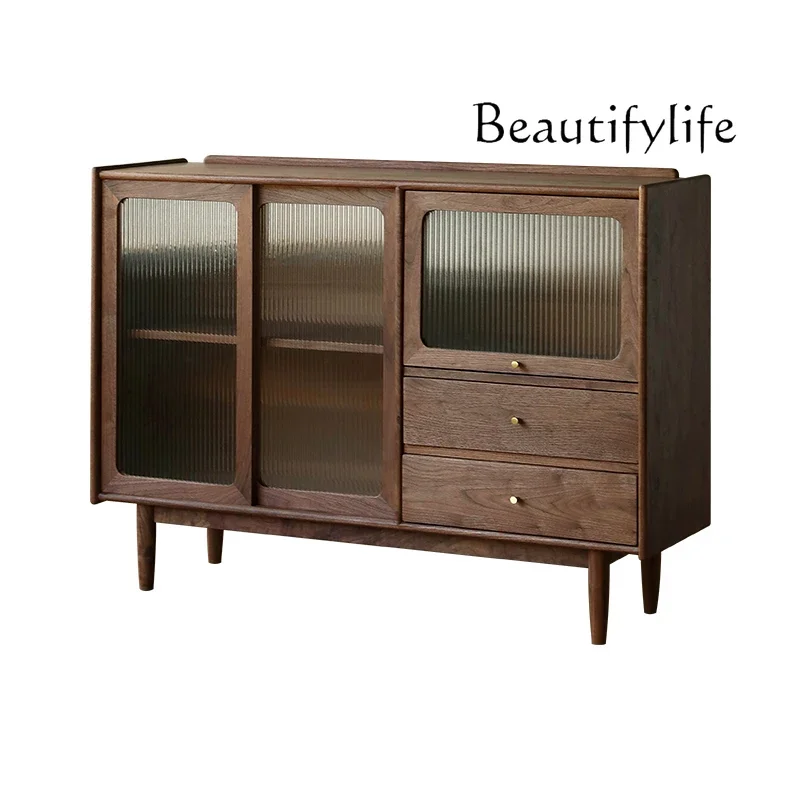 

Nordic Black Walnut Solid Wood Sideboard Home Japanese Living Room Cherrywood Glass Cabinet Floor