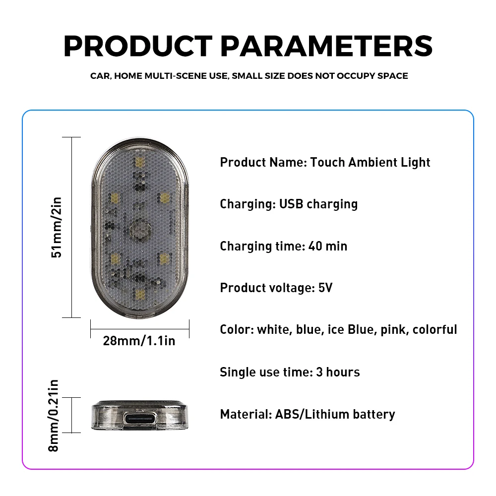 1 Piece Wireless Mini Car Light LED Touch Light Car Interior Light Roof Reading Light Colorful Car Ambience Light USB Charging