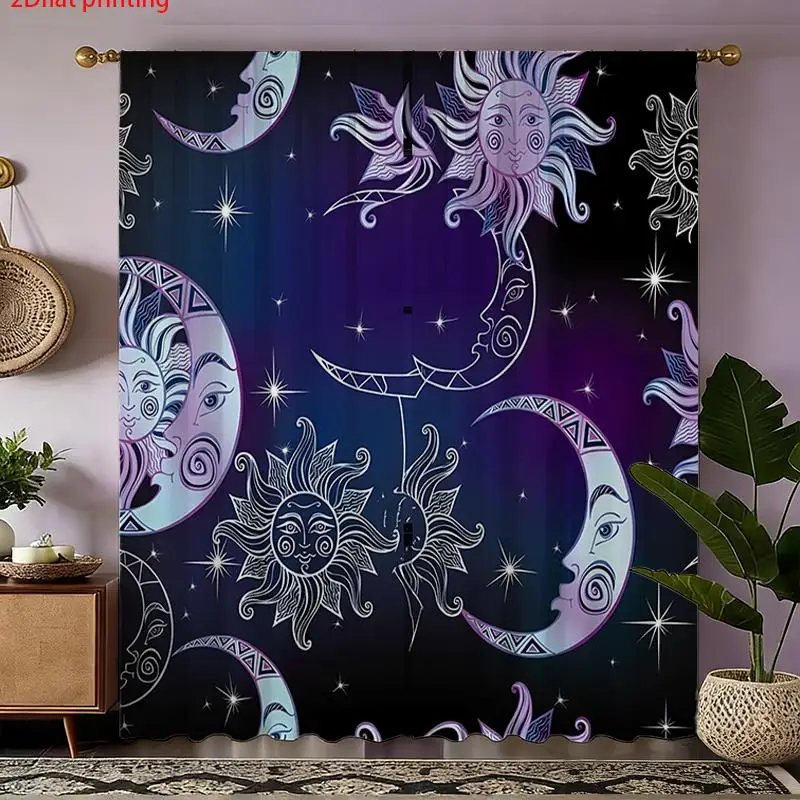 Cosmic Celestial Galaxy Curtains 2pcs Deep Space Moon Sun Pattern Window Curtains Pair for Boho Bedroom Living Room Decor