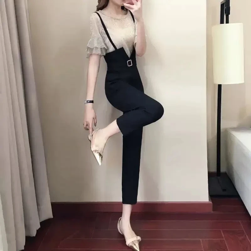 Overalls Women Outfit Spring Summer Fashion New Korean Jumpsuit 2PCS Office Ladies Straight Black Suit Thin Rompers Pants Sets