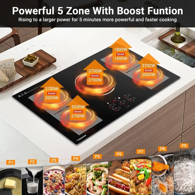 36 Inch Induction Cooktop,AMZCHEF Built-in Electric Cooktop with 5 Boost Burners Including 2-in-1 Zone,240V/10800W Cooktop