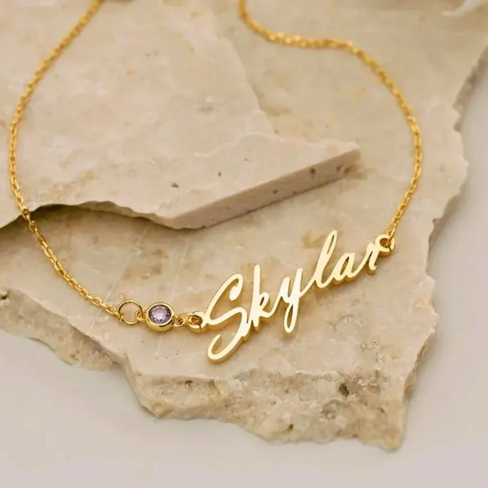 Lemegeton Персонализированный браслет из камня по месяцу рождения, изящный кулон с именем на заказ, ювелирные изделия из нержавеющей стали для женщин, девушек, мам, подарки на день рождения