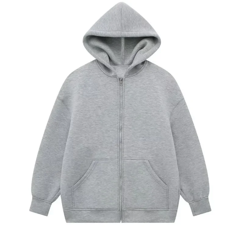 Autumn Winter Warm Long Gray Jacket With Hood Long Sleeve Big Pocket Zipper Jacket Coat Women Casual Outerwear Coat Tops