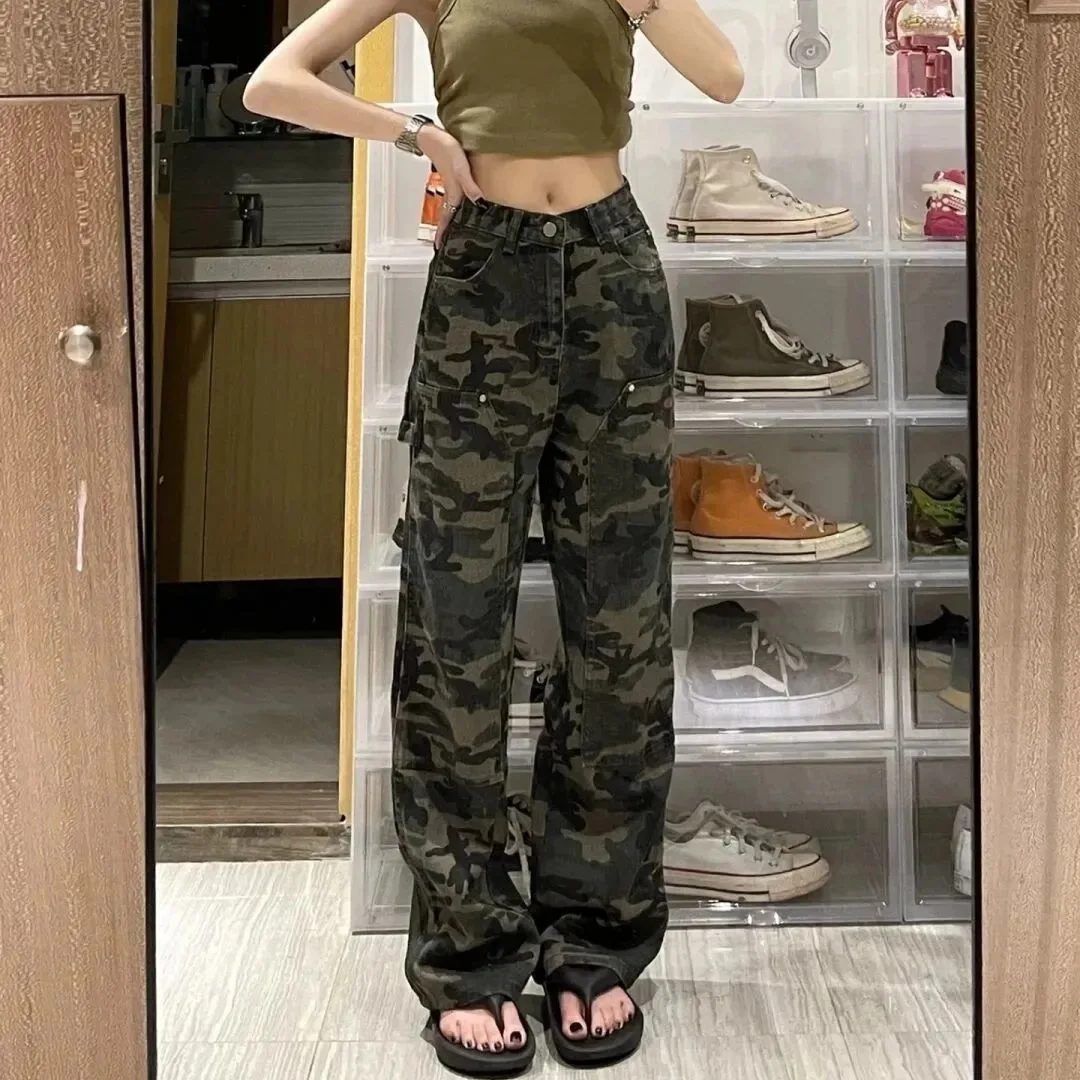 Military Green Workwear Jeans Straight Leg Camouflage Design Men's Women's Summer High Street Fashion Long Trousers