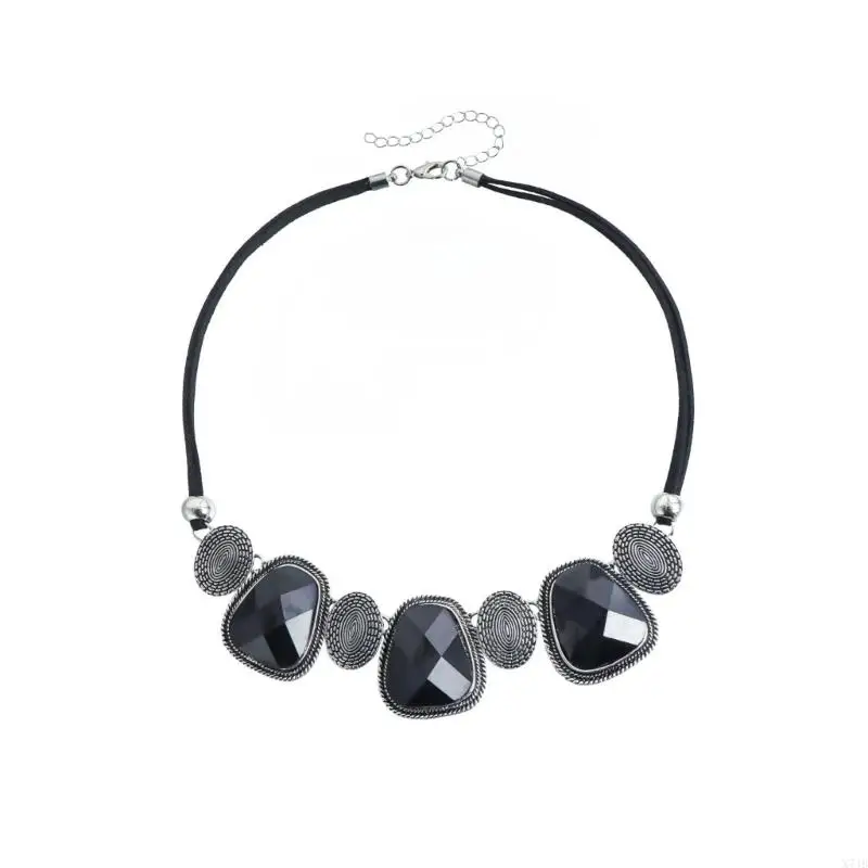  Vintage Bohemian Black Gemstones Necklace With Distressed Finish And Soft Velvets Rope Sweater Chain For Women