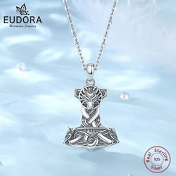 Eudora 925 Sterling Silver Norse Viking Thor's Hammer Mjolnir Rune Necklace Wolf Celtic Knot Amulet Pendant Vintage Jewelry GIft