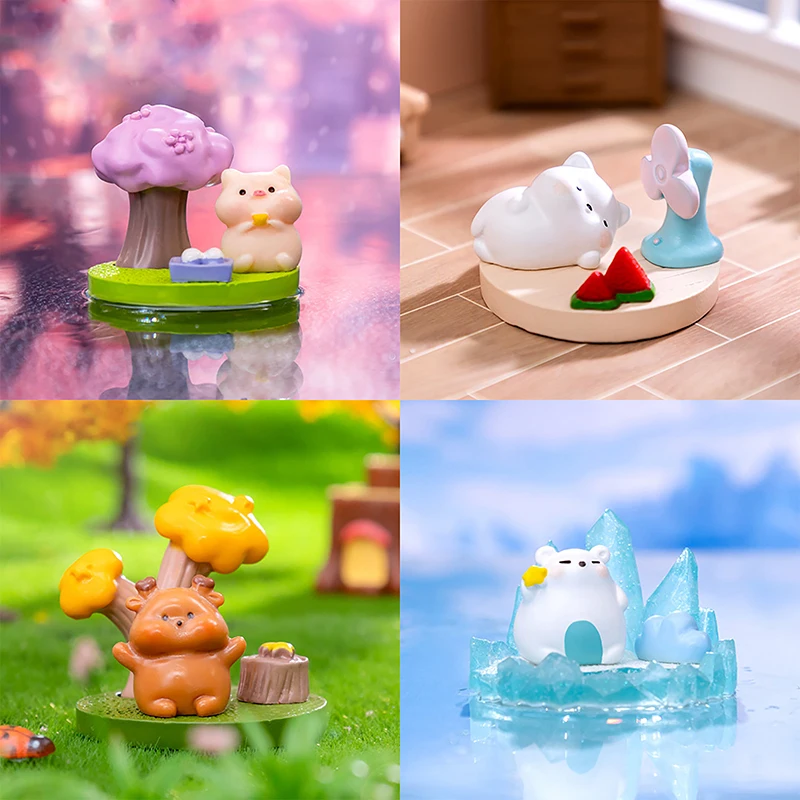 Cartoon Cute Animal Season Resin Figurines Crafts Car Ornament Desktop Creative Trinket Micro Landscape Home Decor Accessories