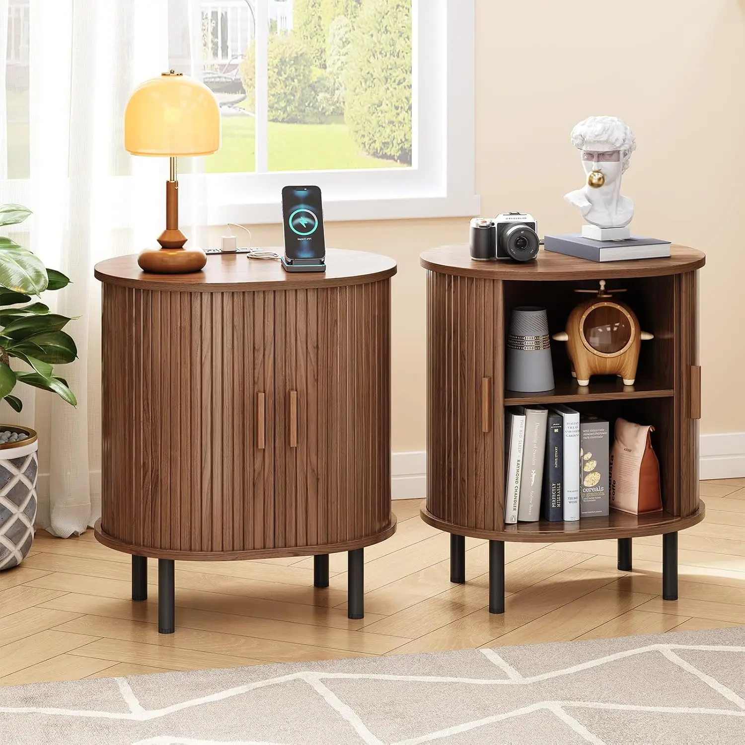 Oval Side Table with USB Charging Station & Sliding Storage Door, Walnut Wood Finish 2-Pack, Customized
